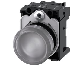 Siemens 22mm rund signallampe i metal med højglans finish og klar linse, vist fra siden med skrueterminaler.