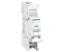 Schneider Electric underspændingsspole iMNs 48VAC med clips montage og 18mm bredde. Produktet er hvidt med grøn indikator og mærket 'Made in Belgium'.