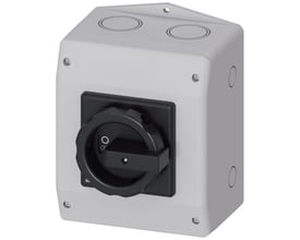 Siemens SENTRON 3LD2 hovedafbryder, 3-polet og 63 A, i gråt kabinet med sort drejegreb set forfra.