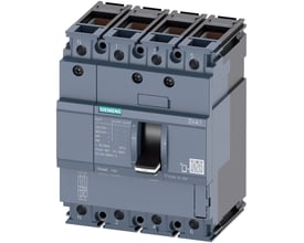 Siemens 3VA1 maksimalafbryder, 4-polet med 25A mærkestrøm og 16kA brydeevne, vist i grå plast med sort håndtag.