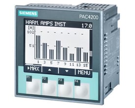 Siemens SENTRON 7KM PAC4200 måleenhed med LCD-display, der viser harmoniske ampere og en graf over målinger.