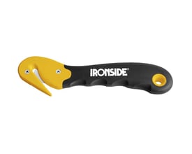 Ironside sikkerhedskniv med gult hoved, sort gummihåndtag og rundt knivblad på 27 mm, set fra siden.