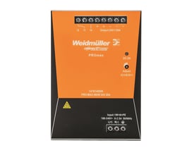 Nærbillede af Weidmüller PROmax strømforsyningens frontpanel med terminaler for 24VDC 20A output og inputinformation.