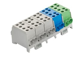 Pollmann HLAK klemme i grå, blå og grøn, med 2 skruer pr. indgang og indgange/udgange på 35mm2/25mm2.