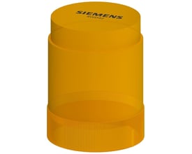 Siemens gul signallampe med integreret LED, 230V, 50 mm diameter, med tydelig Siemens-logo på toppen.