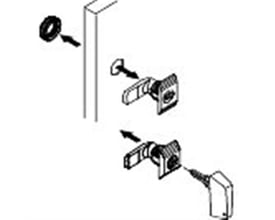 Diagram af Schneider Electric nøglelås 220 med to nøgler og en plastik cam, klar til montering.