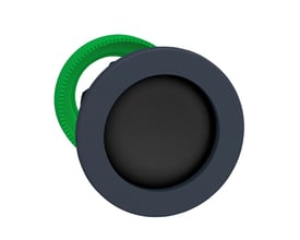 Schneider Electric Harmony XB5/ZB5 sort trykknaphoved, sænket design med grønt omløberdel synlig bagved, isoleret på hvid baggrund.