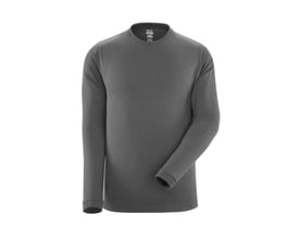 Mascot langærmet T-shirt i mørk antracit, vist forfra med detaljeret visning af stof og pasform, mærke og størrelse synlig på kraven.