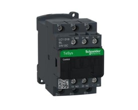 Schneider Electric TeSys D kontaktor LC1D18BL med 18A, 24V DC spole og 3 poler, viste 1 NO og 1 NC hjælpekontakt med skrueklemmer.