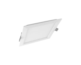 Enkel hvid firkantet LEDVANCE Slim downlight set fra en vinkel mod en hvid baggrund, fremviser dens flade profil.