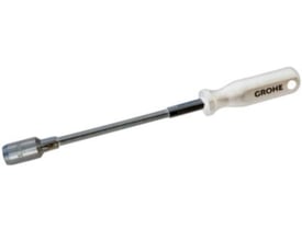 GROHE 13 mm nøgle til montering af håndvaskarmaturer med langt skaft og hvidt håndtag med logo.