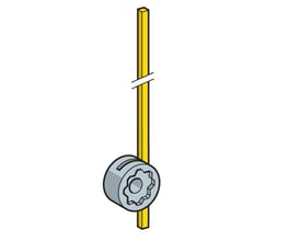 Illustration af Schneider Electric ZCK-Y51 endestoparm med fiberpind og fjederretur, vist på en gul, firkantet stang.