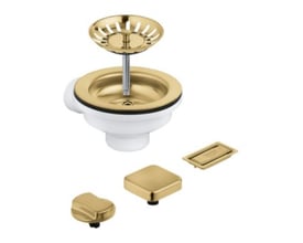 GROHE bundventil til køkkenvask i børstet Cool Sunrise messing med tilbehør som kurv, firkantet og rektangulært dæksel.