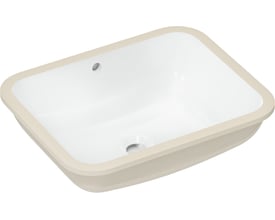 Hansgrohe Xuniva Q underlimet håndvask i hvid porcelæn med en beige kant, vist isoleret.