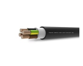Fleksibelt sort kabel 4G185 RZ1-K, 500 meter, med fire indre ledere; grøn/gul, brun, sort og grå.