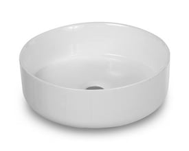 Rund hvid keramik håndvask uden overløb, 36x36x12 cm, med en ren og moderne designprofil.