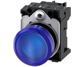 Siemens SIRIUS ACT signallampe i blå højglans metal med integreret LED, 22mm diameter og 24V spænding.