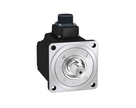 Schneider Electric servomotor på 100mm med 1000W, komplet med notaksel og lige stik på isoleret hvid baggrund.