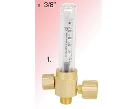 Flowmeter til gasflow på op til 25 l/min med gennemsigtigt, gradueret målerør og gyldne tilslutninger.