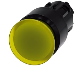 Siemens oplyst paddehattetrykknap i gul plast, 30mm diameter, med rund trykflade og sort bagmontering.