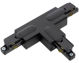 Sort Nordic Aluminium Global 1F T-stykke GB40-2 til 230 V-strømskinne, vist skråt med tre tilslutninger.