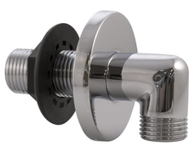 Detaljeret billede af Oras vinkelgennemføring 1/2" i skinnende krom, der viser dens design og 1/2" gevind med sort pakning.