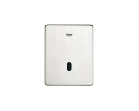 Fronten af Grohe Tectron Skate urinal armatur i børstet krom, med Grohe logo og mørk infrarød sensor.