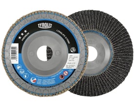 To Tyrolit PREMIUM C-trim lamelslibeskiver 125mm ved siden af hinanden, viser detaljer om korn 120 og Zirkon slibemiddel.