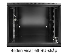 Toten 19" vægskab, 12U, 600x600 mm, sort, åbent forfra med glasdør og synlige monteringsskinner.