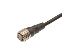 Omron sensor kabel med 5 meter PUR-kabel og et lige M12 hunstik med 4 poler på hvid baggrund.