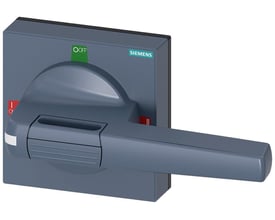 Siemens håndtag med afdækningsplade, standard 100x100, til skaft 10x10, med markeringerne I-0-II, på en hvid baggrund.