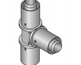Uponor S-Press t-stykke med dimensioner 25 x 20 x 20 mm, fremstillet af grå PPSU-plast med preskappe af rustfrit stål.