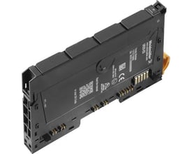 Weidmüller tomt U-Remote modul UR20-ES, vist fra siden med synlige kontakter og mærkat med produktinformation.