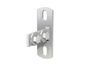 Flamco Skinneflange KF-H i galvaniseret stål med dimensionerne 80/115x40 mm, vist med bolte og møtrikker på en hvid baggrund.