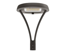 Gråt LEDVANCE Urban Flex Y-mastetoparmatur på 80 W set nedefra med den synlige LED-lyskilde.