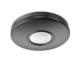Sort Bosch DS936 PIR-detektor med lav, rund profil og hvid sensorlinse til loftmontering med 360° dækning.