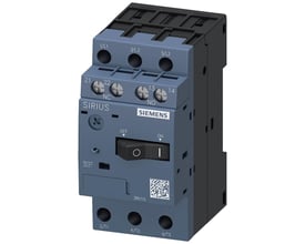 Siemens 3RV1 S00 motorværn i grå og sort, med indstillingsområde 9-12A og tydelige mærkater som 'ON', 'OFF', 'TEST' og 'SIEMENS'.