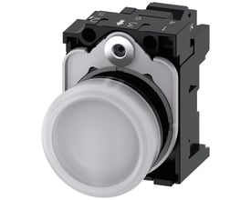 Siemens 22mm rund signallampe i hvid plastik med glat linse og integreret kontaktblok, 230V.