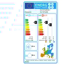 Energimærke for Panasonic CS-TZ71ZKEW luft/luft varmepumpe, viser energieffektivitet A+++ og SCOP.