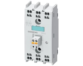 Siemens 3RF22 solid-state relæ, 3-faset, 30A, med fjederklemme og 48-600V udgang, fremstillet i hvid plast.