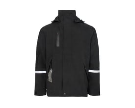 Lyngsøe Rainwear 4WS-4057 skaljakke i sort XL, vind- og vandtæt med aftagelig hætte og refleksstriber.