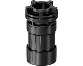 Detaljeret vinkel af Uponor Aqua PLUS lækagemelder skab M7 afløbsmuffe, der viser dens sorte plastkonstruktion og monteringsdetaljer for 25/20mm rør.
