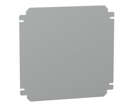 Schneider Electric montageplade i galvaniseret stål på 300 x 300mm, vist lige forfra med udskæringer i hjørnerne til montering.