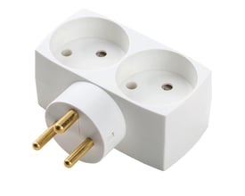 Elworks hvid dobbeltstik med jord og børnesikring set fra siden, demonstrerer dens kompakte design til to runde stikpropper.