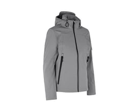 ID Identity vinter softshell jakke til damer i grå, størrelse M, med aftagelig hætte og vandafvisende lynlås.