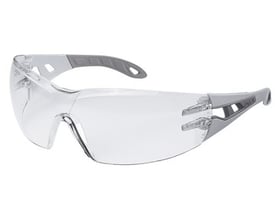 Uvex Pheos sikkerhedsbrille i højglans hvid og grå med klar, kurvet linse og brede brillestænger.