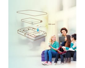 Illustration af, hvordan man indsætter SIM-kort og batteri i TP-Link M7350, med unge kvinder der bruger enheder.