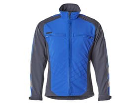 Mascot tofarvet softshell jakke i koboltblå og mørk marine med fleecefor, lynlås og brystlommer. Jakken er åndbar, vindtæt og vandafvisende.