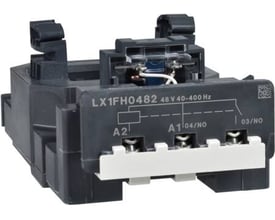 Schneider Electric spole LX1FH0482 til kontaktorer, viser 48V 40-400Hz mærkning og tilslutningspunkter.