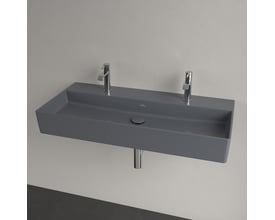 Nærbillede af Villeroy & Boch Memento 2.0 vaskeskålen i grå, der viser den firkantede form og bundafløb uden overløb.